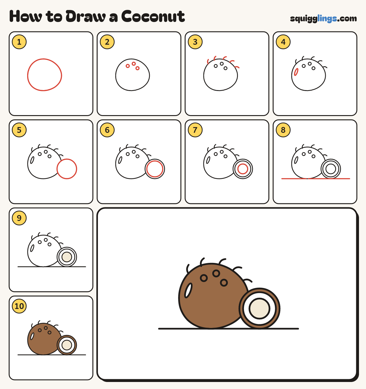 How to Draw a Coconut step by step: all 10 steps in one picture