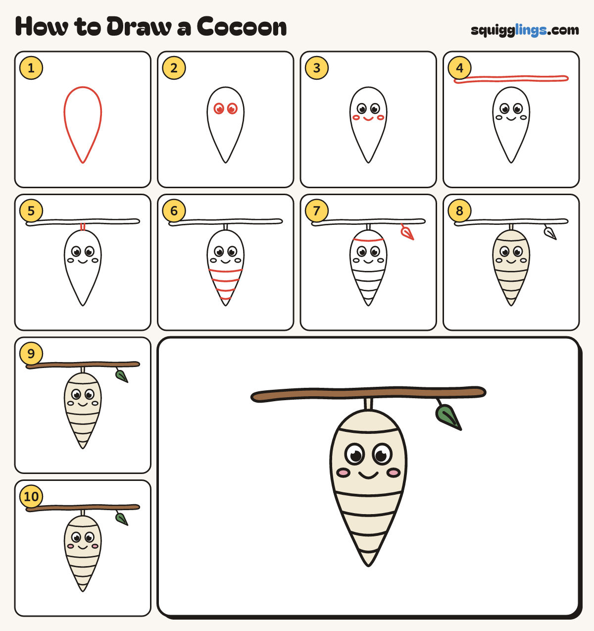 How to Draw a Cocoon step by step: all 10 steps in one picture