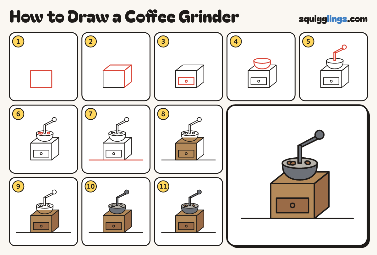 How to Draw a Coffee Grinder step by step: all 11 steps in one picture