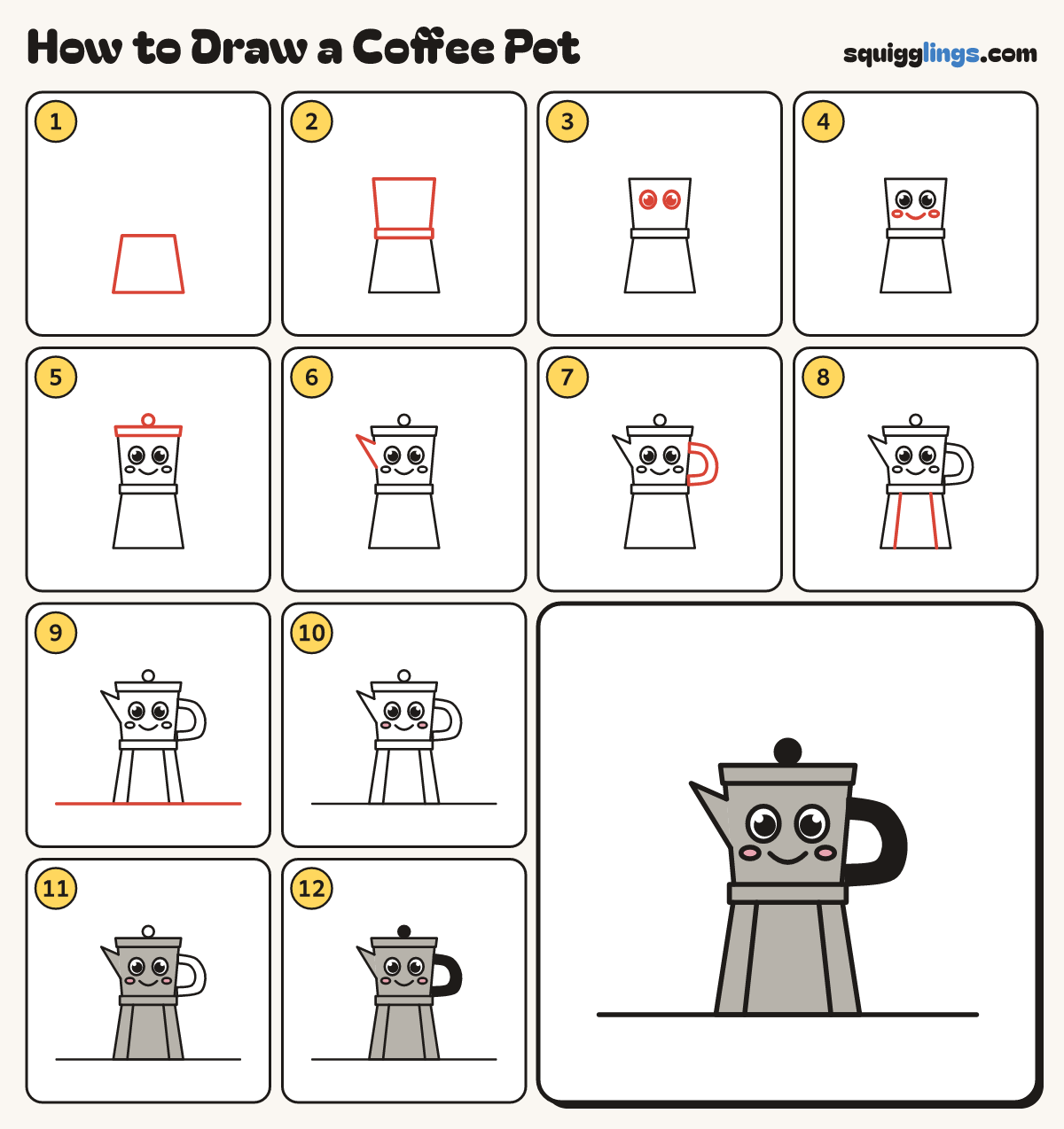How to Draw a Coffee Pot step by step: all 12 steps in one picture
