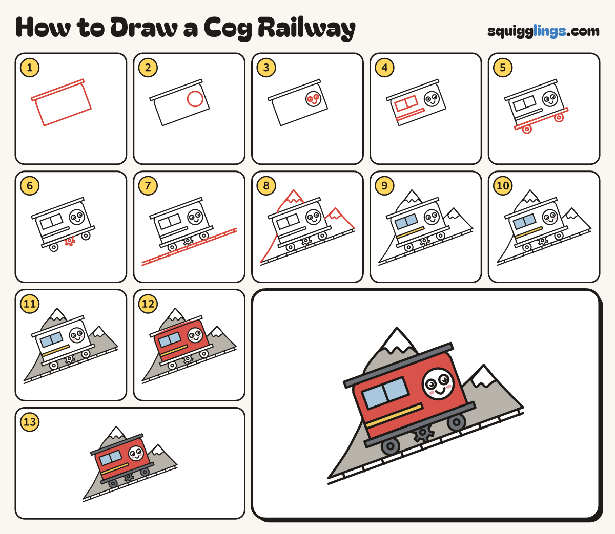 How to Draw a Cog Railway step by step: all 13 steps in one picture
