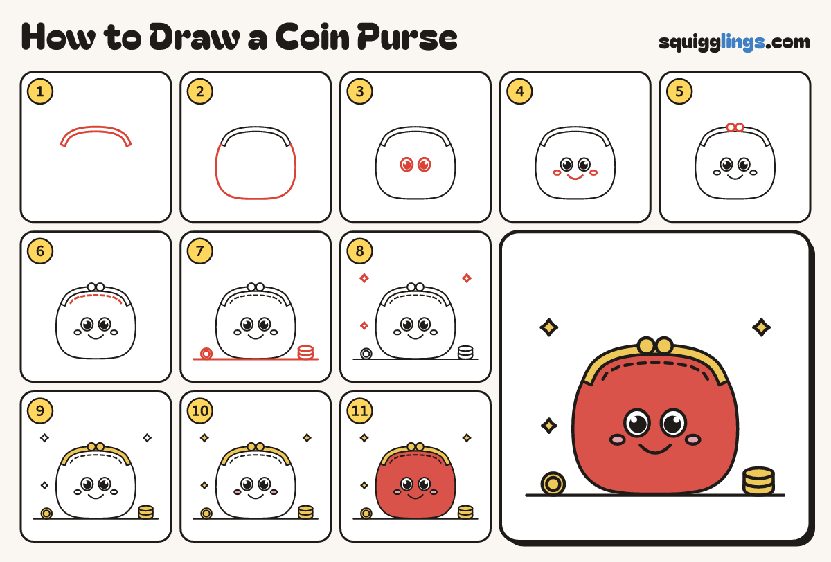 How to Draw a Coin Purse step by step: all 11 steps in one picture