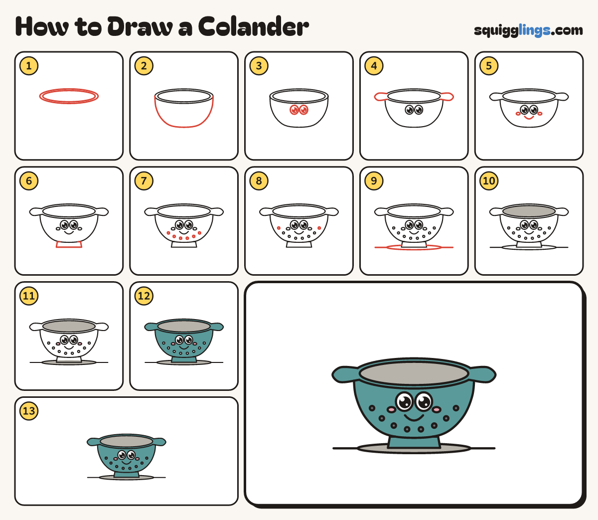 How to Draw a Colander step by step: all 13 steps in one picture