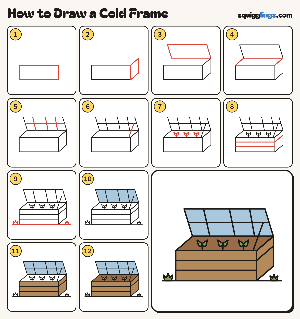 How to Draw a Cold Frame step by step: all 12 steps in one picture