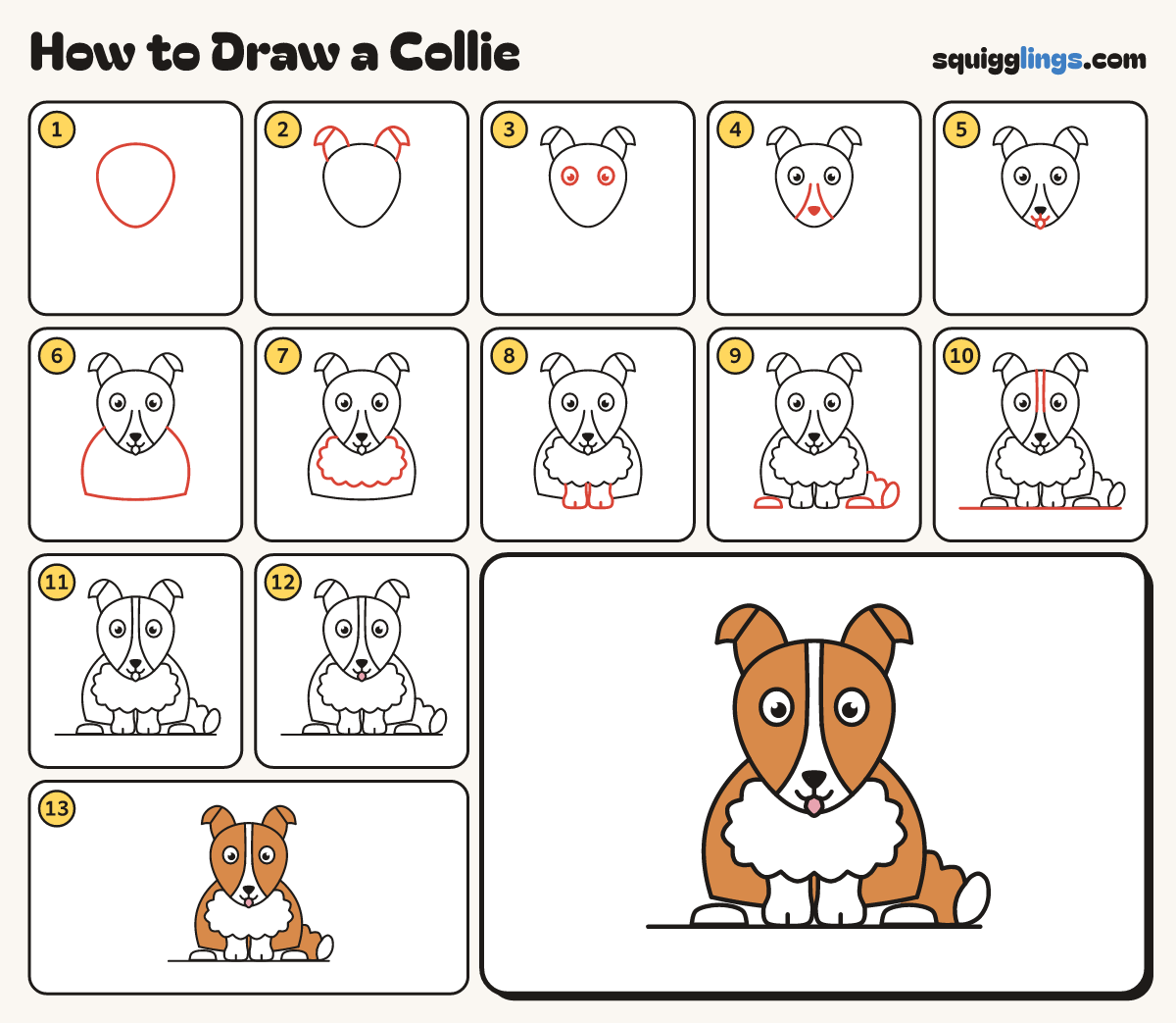 How to Draw a Collie step by step: all 13 steps in one picture