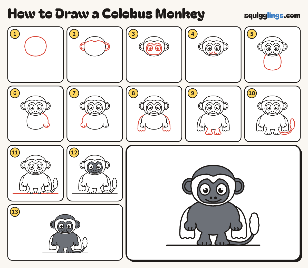 How to Draw a Colobus Monkey step by step: all 13 steps in one picture
