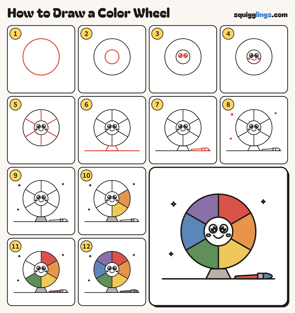 How to Draw a Color Wheel step by step: all 12 steps in one picture