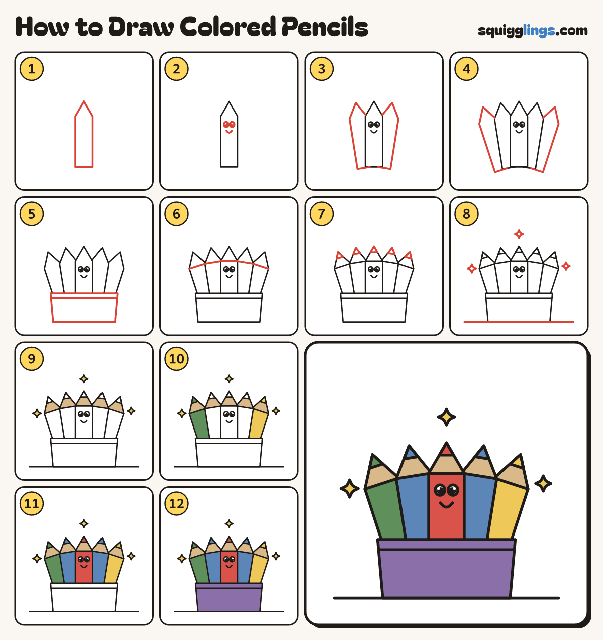 How to Draw Colored Pencils step by step: all 12 steps in one picture