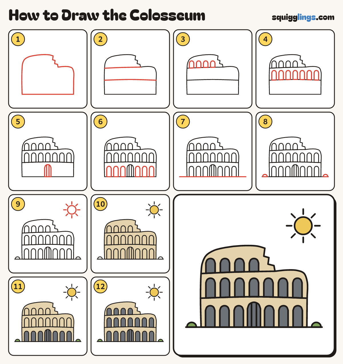 How to Draw the Colosseum step by step: all 12 steps in one picture