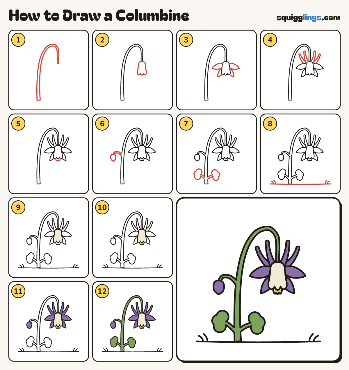 How to Draw a Columbine step by step: all 12 steps in one picture