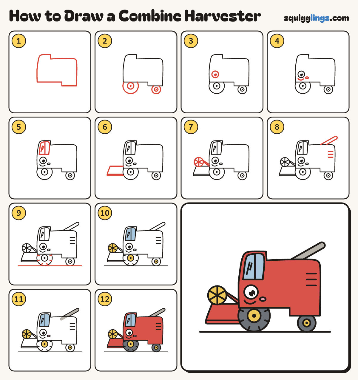 How to Draw a Combine Harvester step by step: all 12 steps in one picture