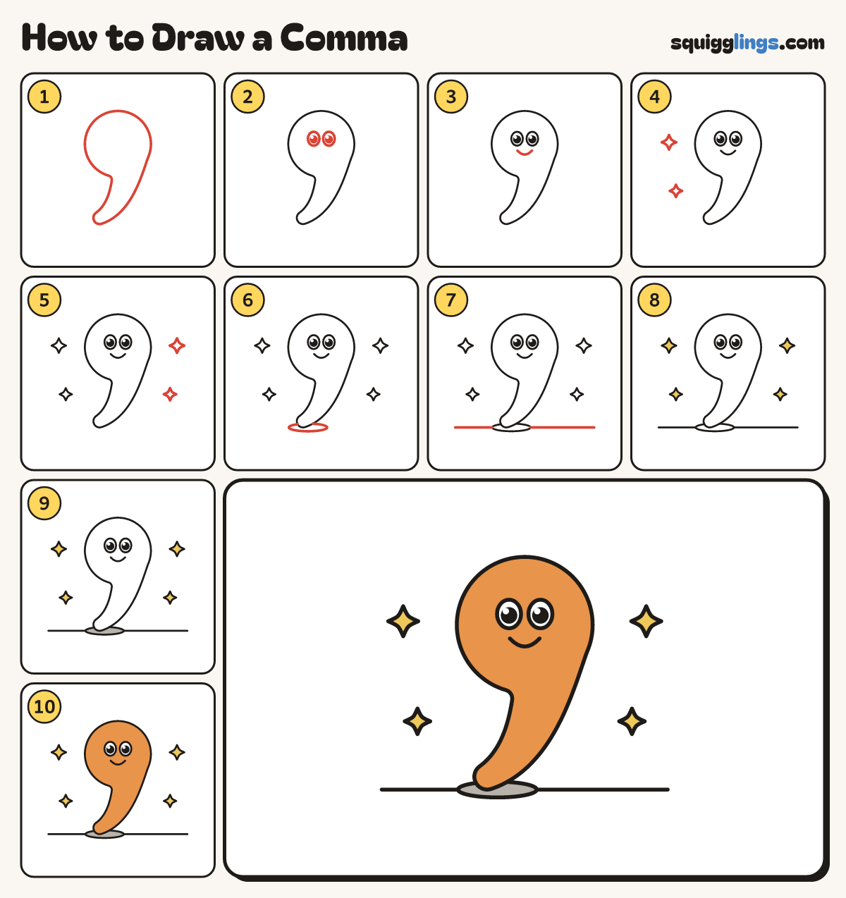 How to Draw a Comma step by step: all 10 steps in one picture