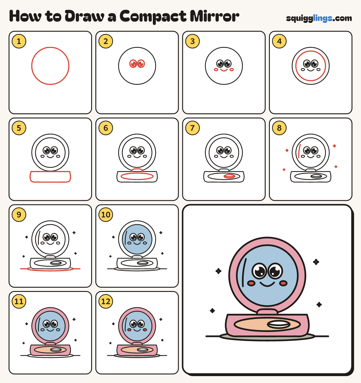 How to Draw a Compact Mirror step by step: all 12 steps in one picture