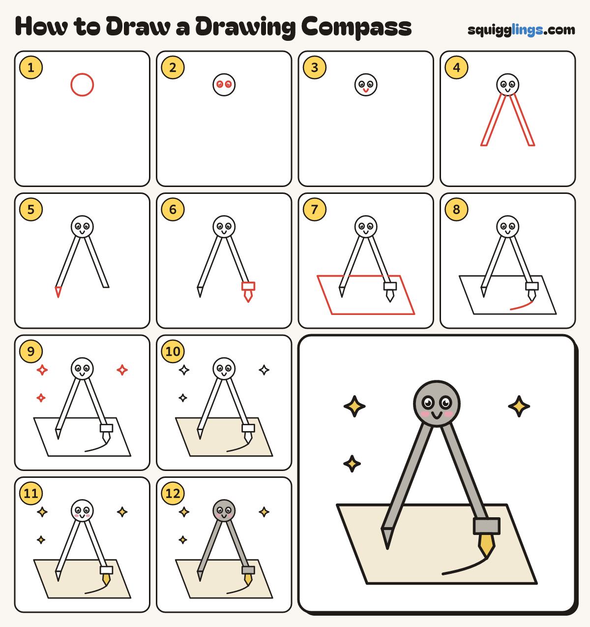 How to Draw a Drawing Compass step by step: all 12 steps in one picture