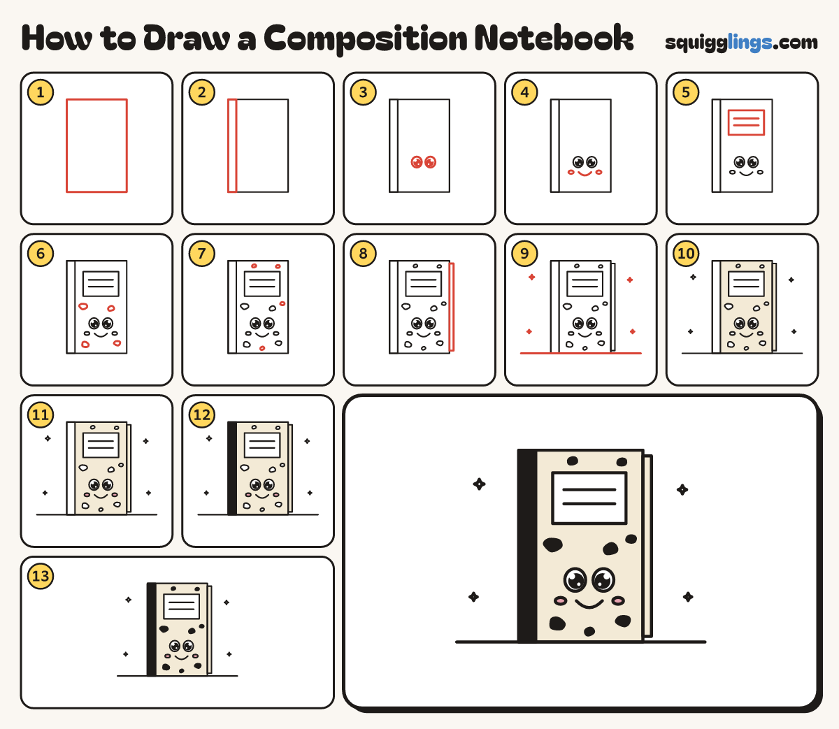 How to Draw a Composition Notebook step by step: all 13 steps in one picture
