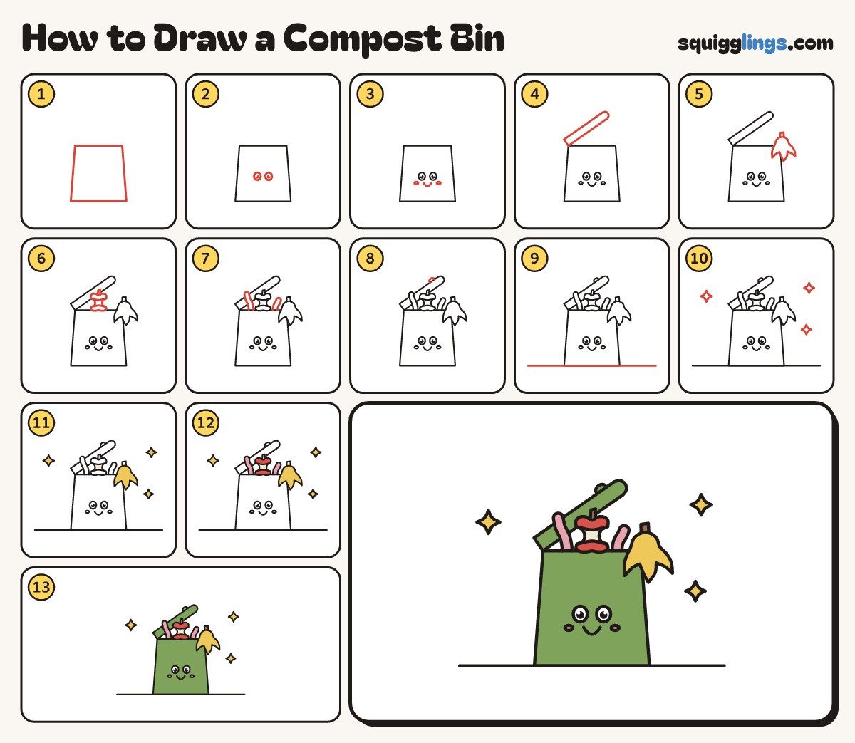 How to Draw a Compost Bin step by step: all 13 steps in one picture