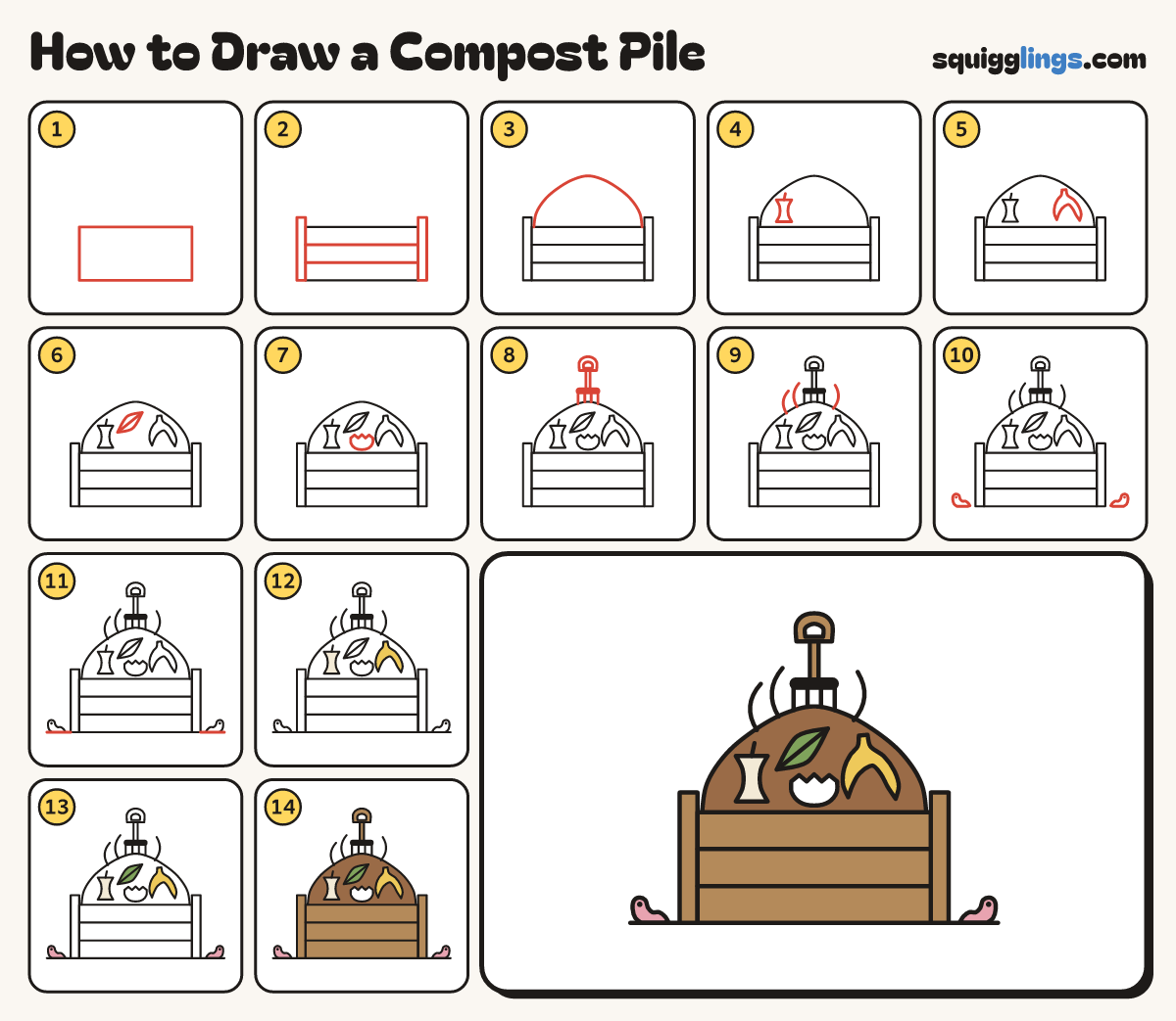 How to Draw a Compost Pile step by step: all 14 steps in one picture