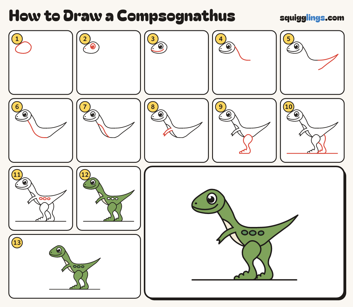How to Draw a Compsognathus step by step: all 13 steps in one picture