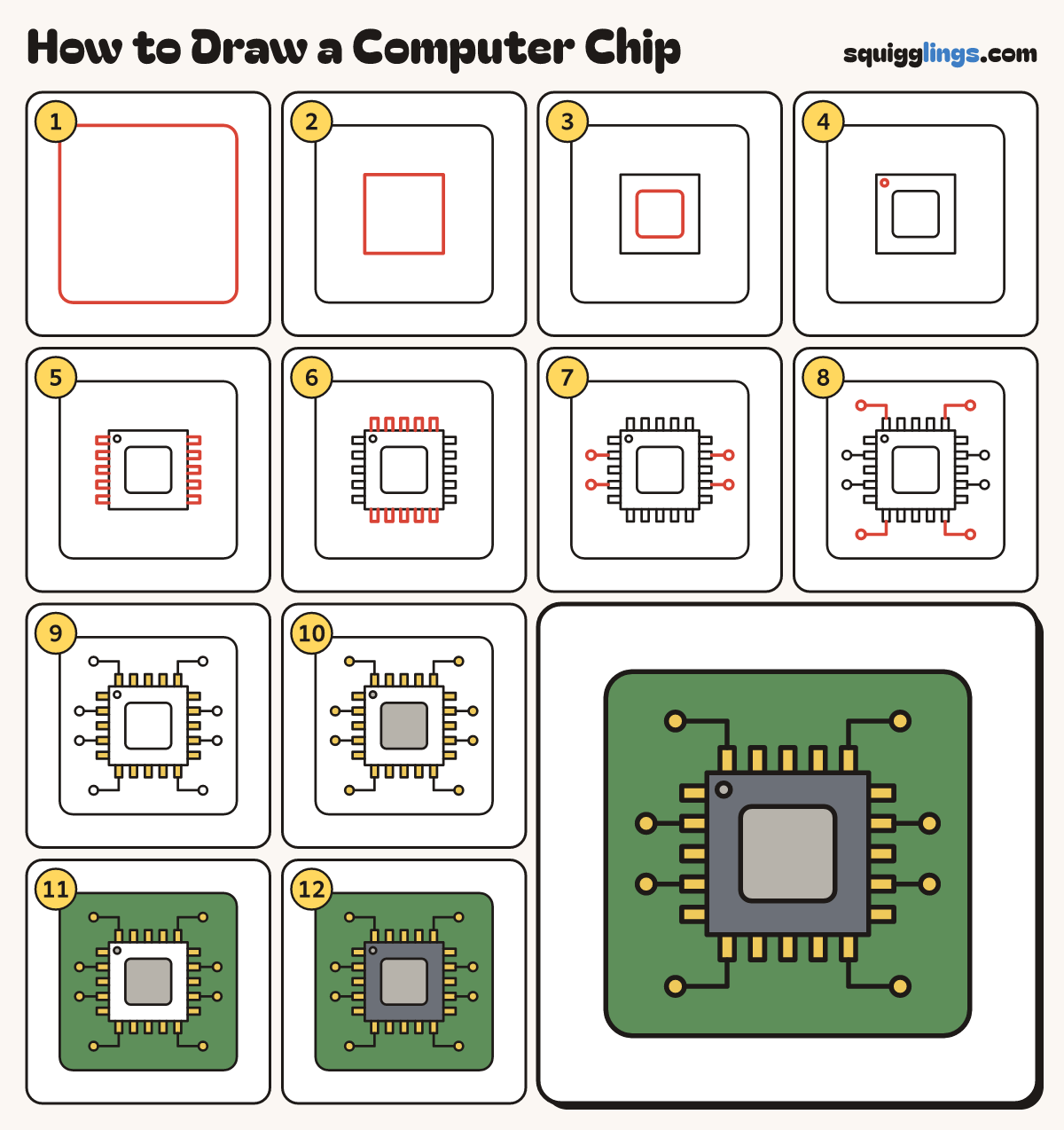 How to Draw a Computer Chip step by step: all 12 steps in one picture