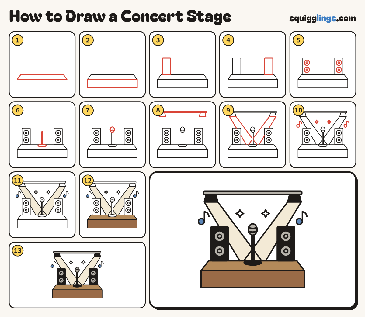 How to Draw a Concert Stage step by step: all 13 steps in one picture