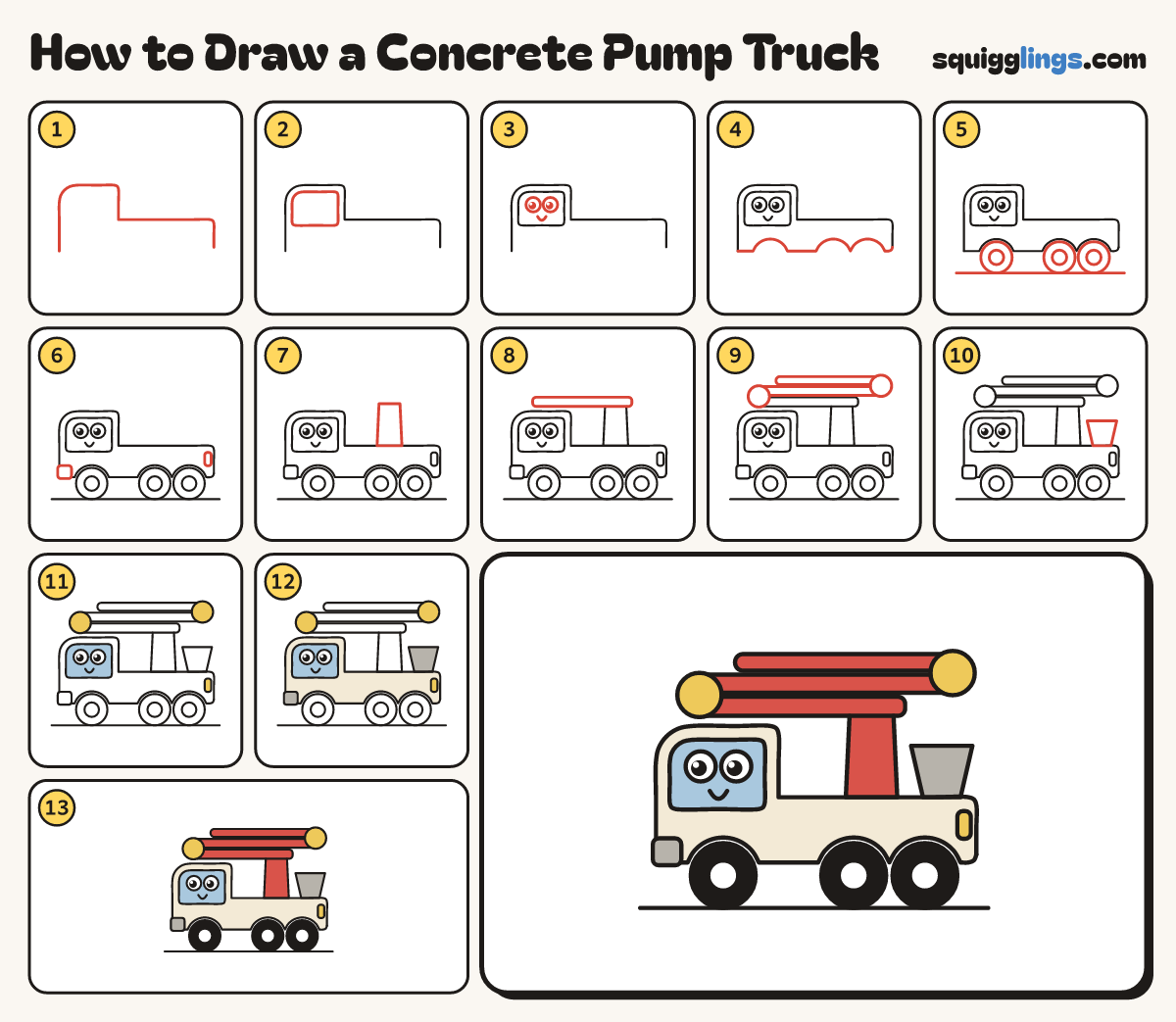 How to Draw a Concrete Pump Truck step by step: all 13 steps in one picture