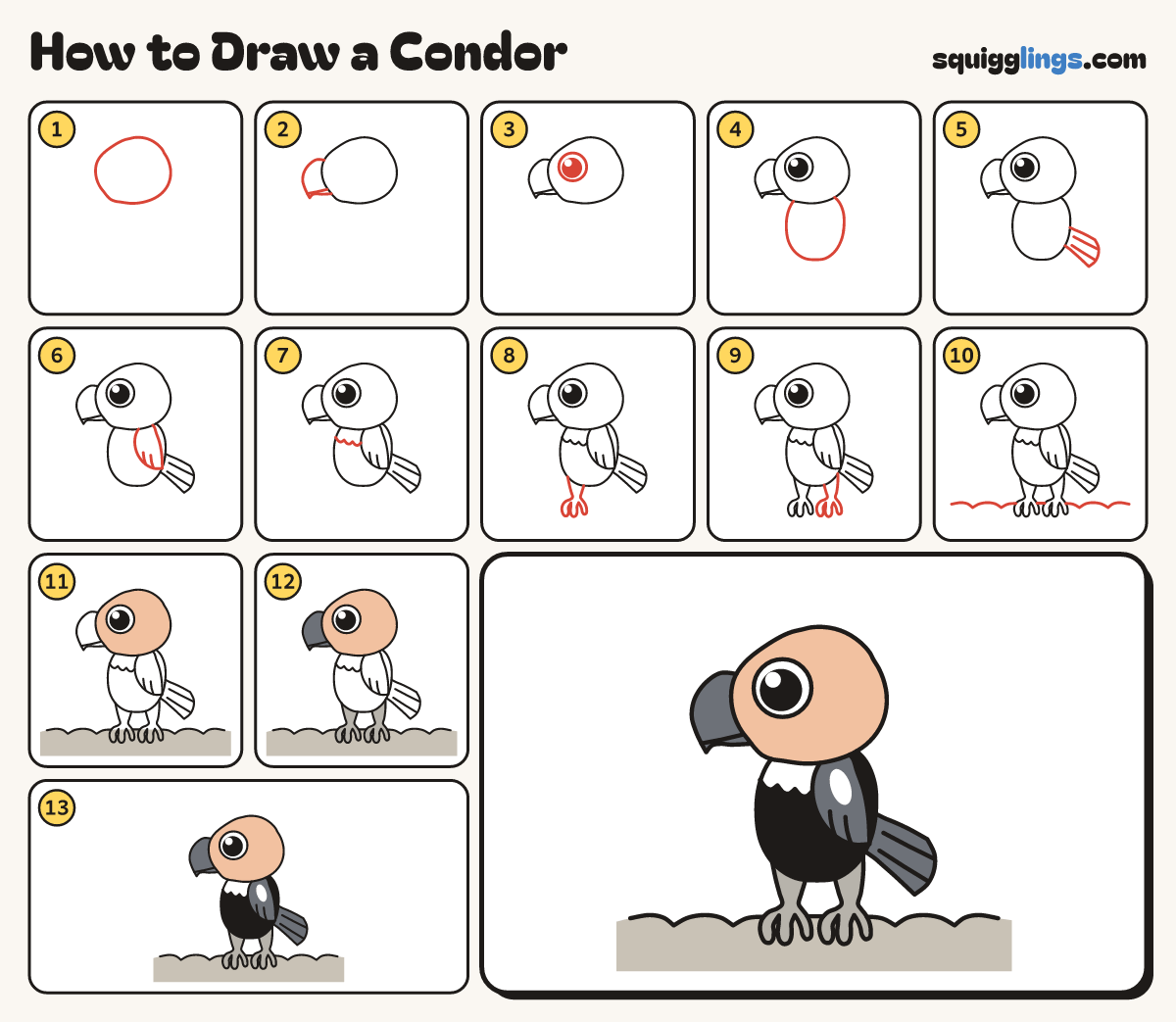 How to Draw a Condor step by step: all 13 steps in one picture