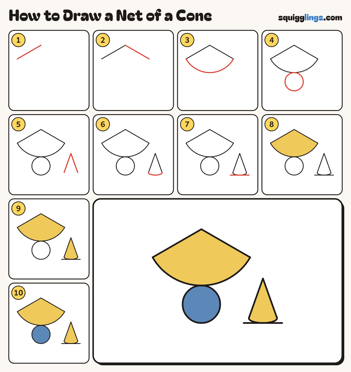 How to Draw a Net of a Cone step by step: all 10 steps in one picture