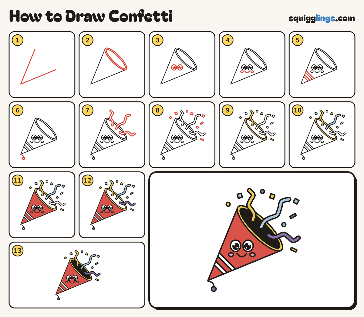 How to Draw Confetti step by step: all 13 steps in one picture