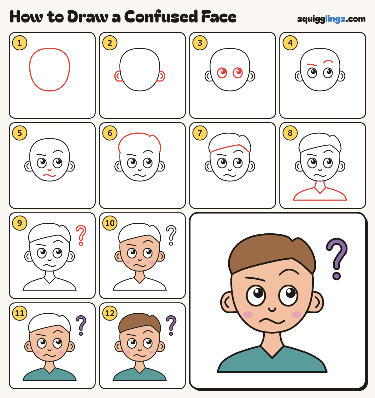 How to Draw a Confused Face step by step: all 12 steps in one picture
