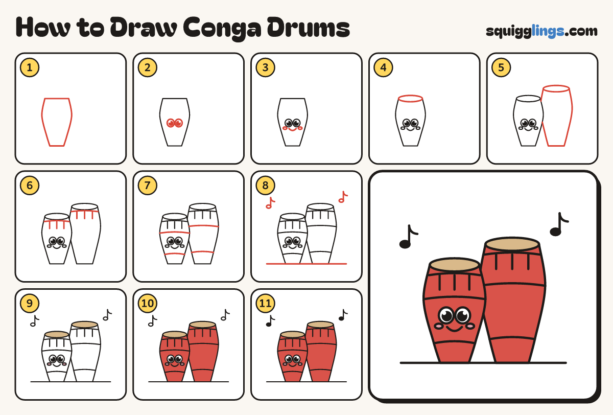 How to Draw Conga Drums step by step: all 11 steps in one picture