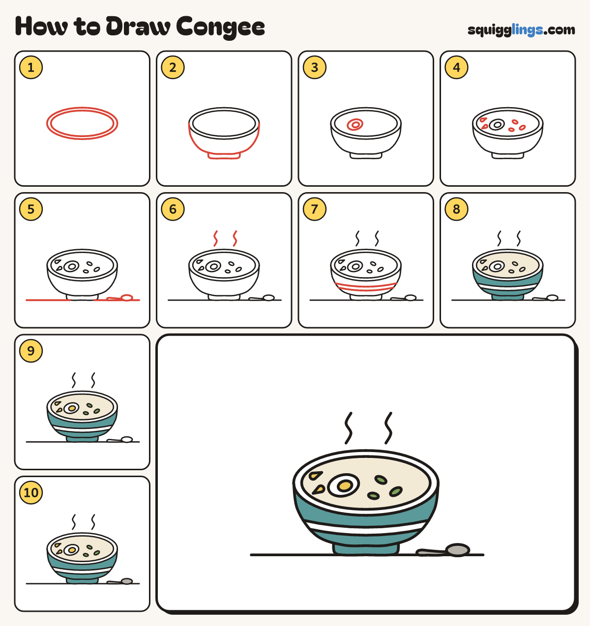 How to Draw Congee step by step: all 10 steps in one picture