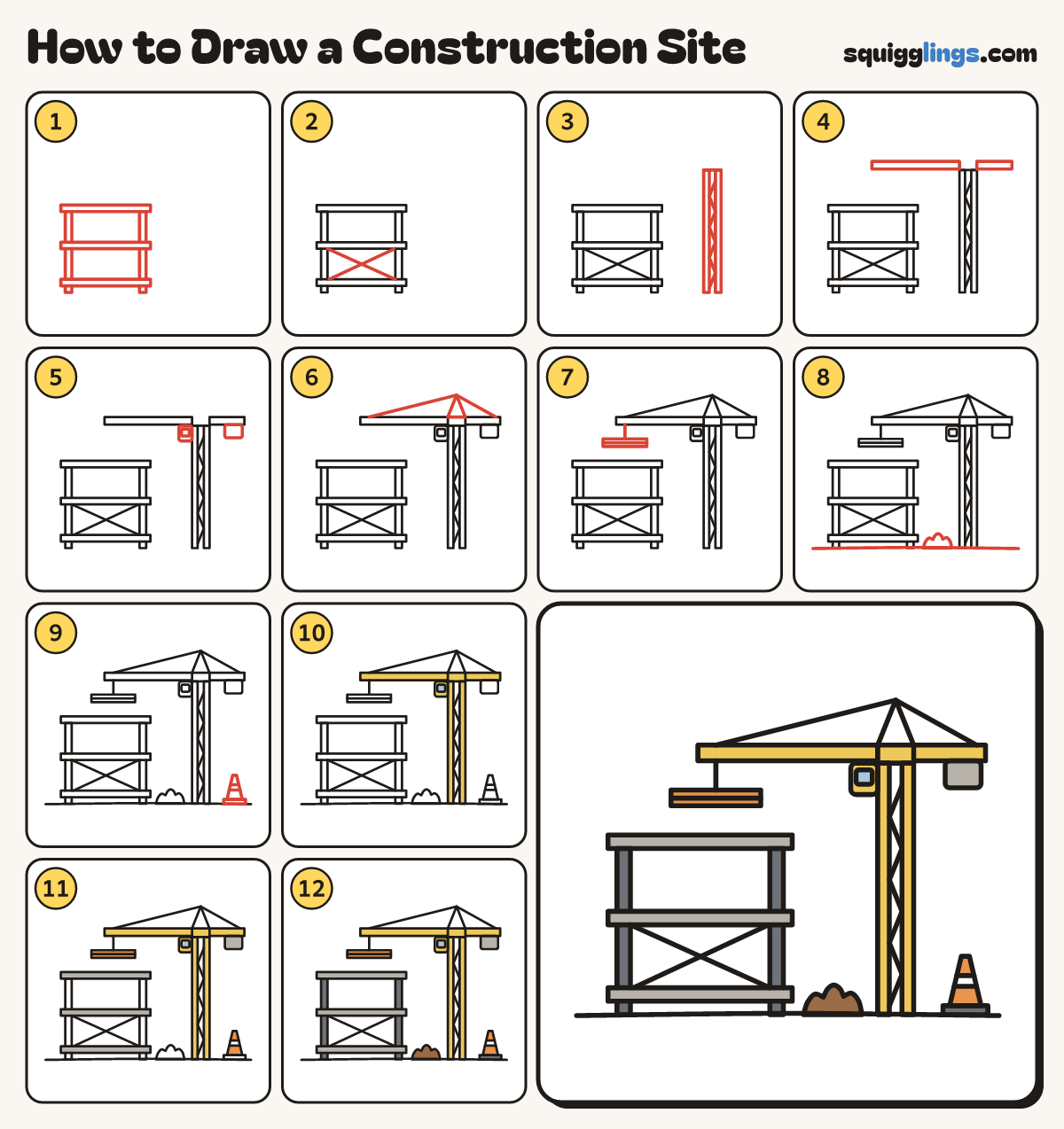 How to Draw a Construction Site step by step: all 12 steps in one picture