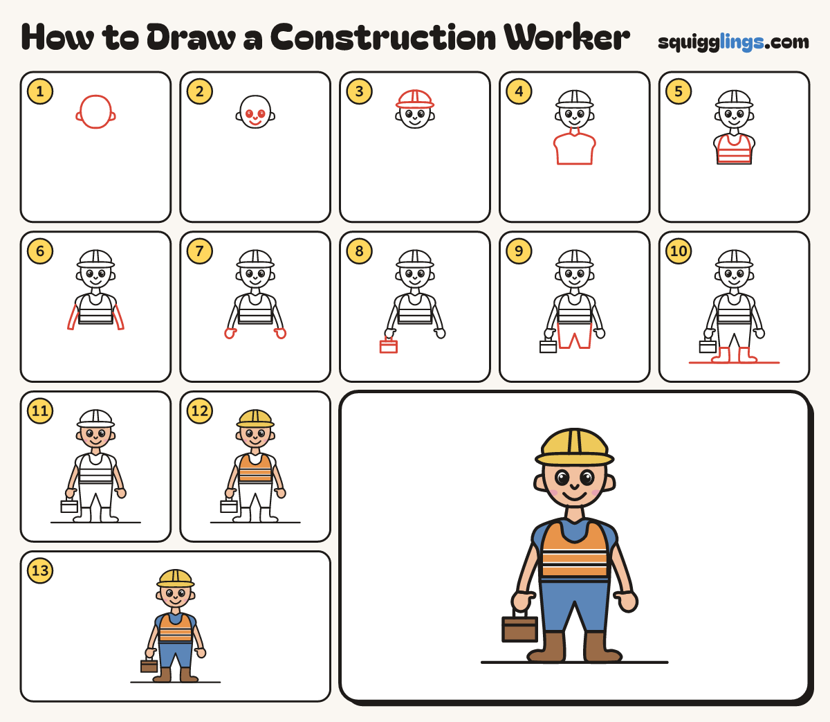 How to Draw a Construction Worker step by step: all 13 steps in one picture