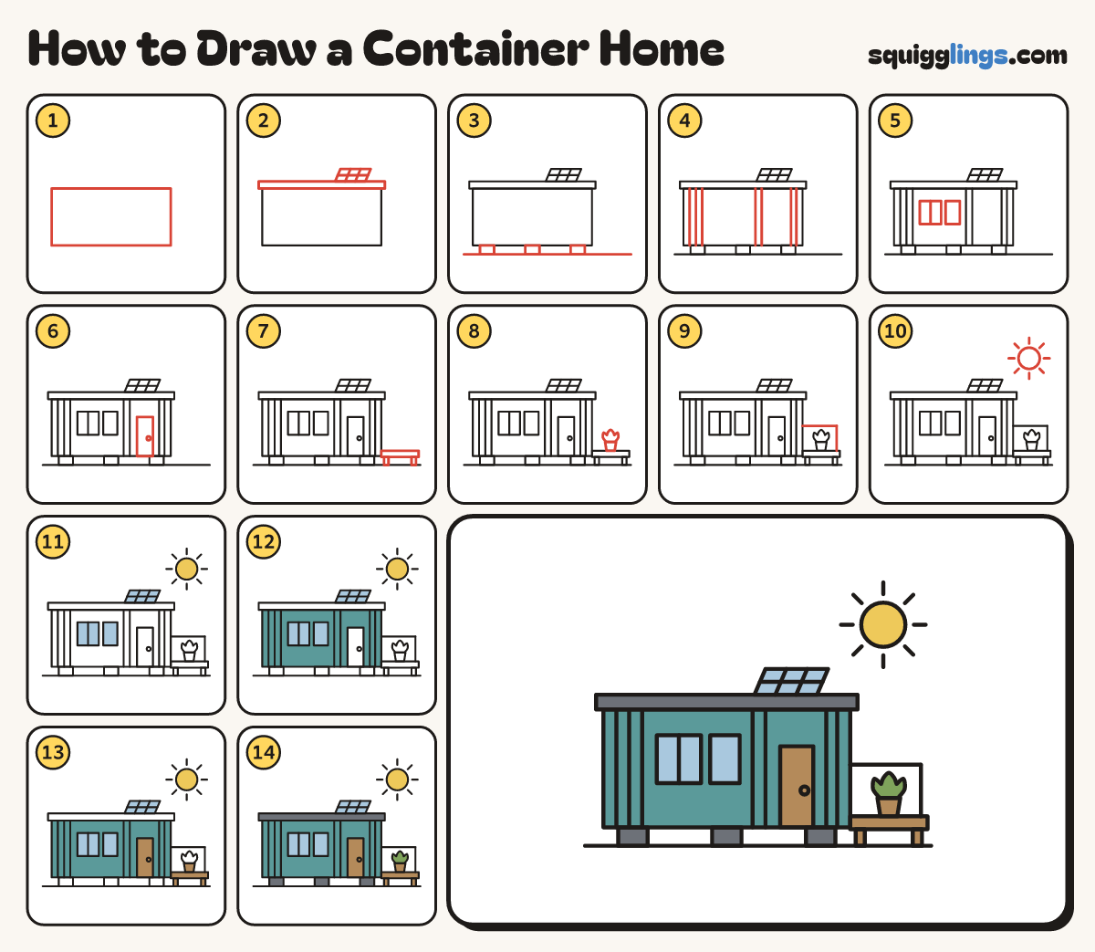 How to Draw a Container Home step by step: all 14 steps in one picture