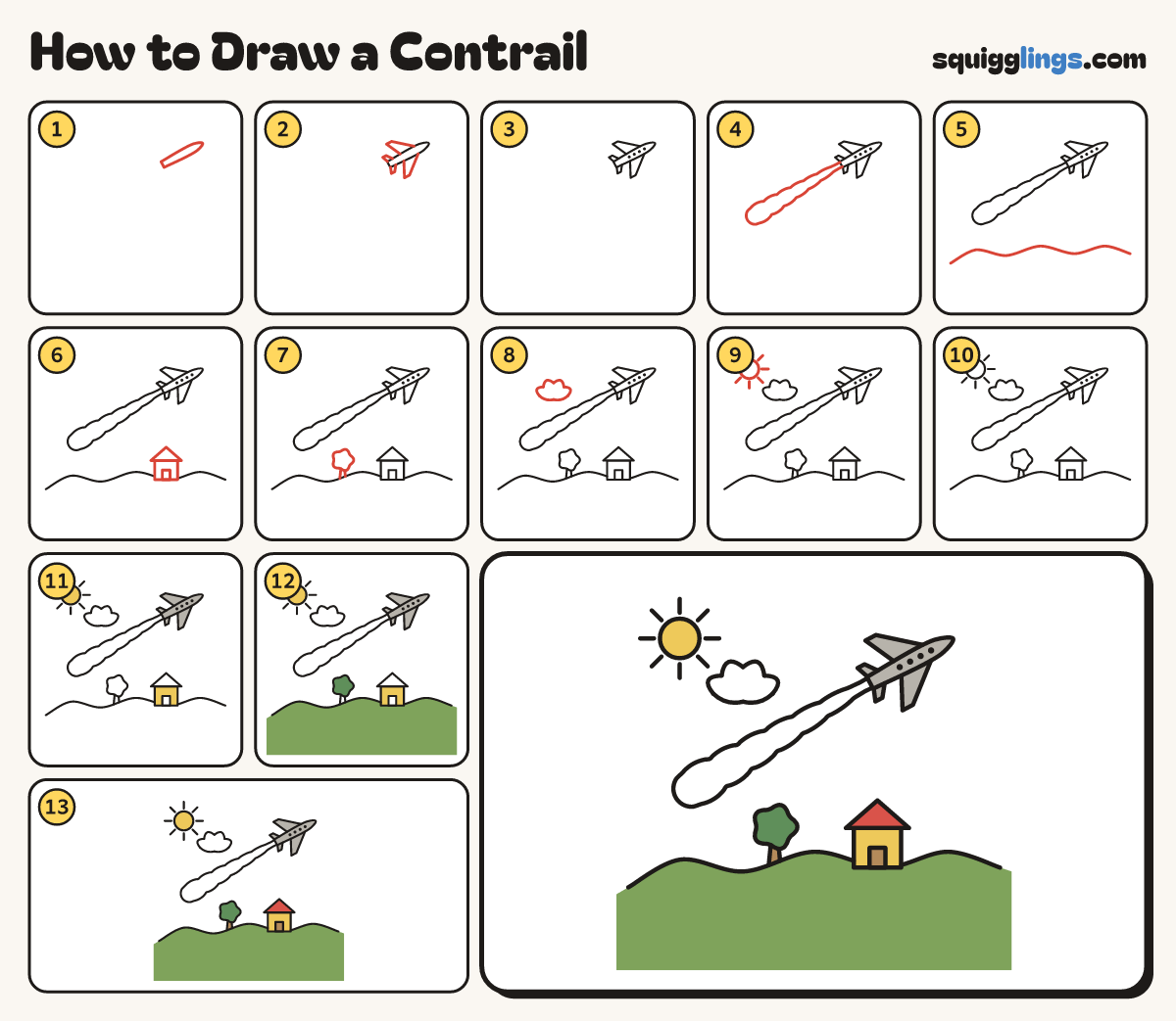 How to Draw a Contrail step by step: all 13 steps in one picture