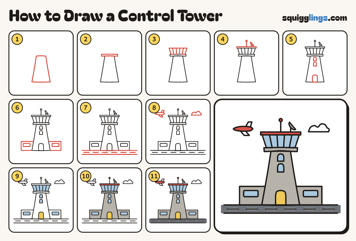 How to Draw a Control Tower step by step: all 11 steps in one picture