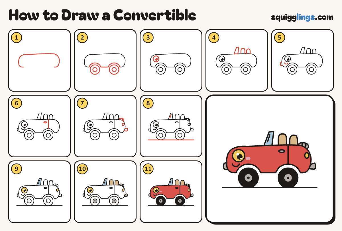 How to Draw a Convertible step by step: all 11 steps in one picture