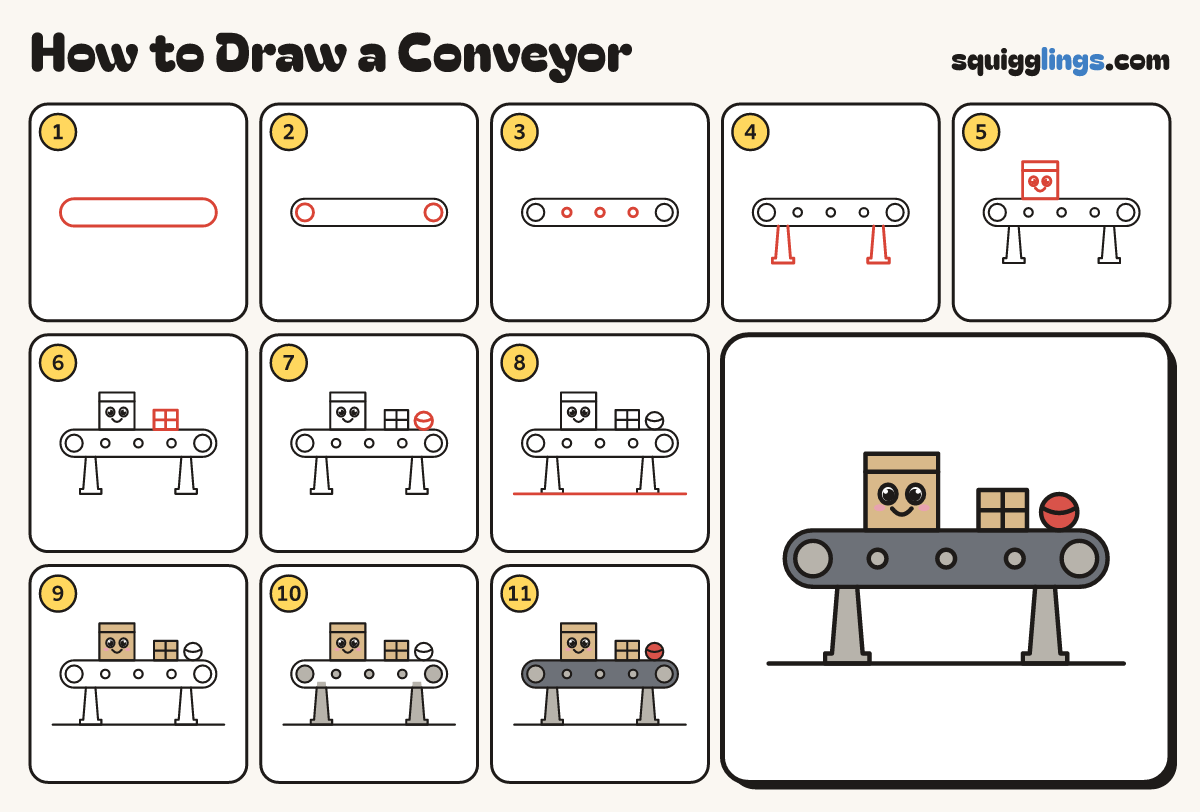 How to Draw a Conveyor step by step: all 11 steps in one picture