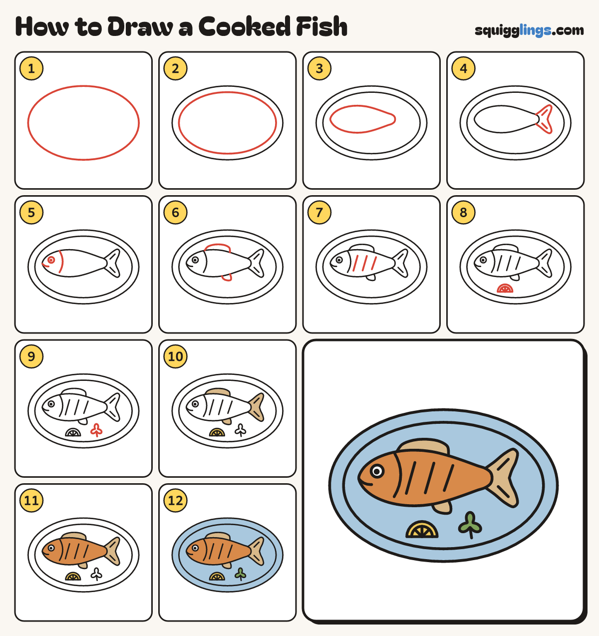 How to Draw a Cooked Fish step by step: all 12 steps in one picture