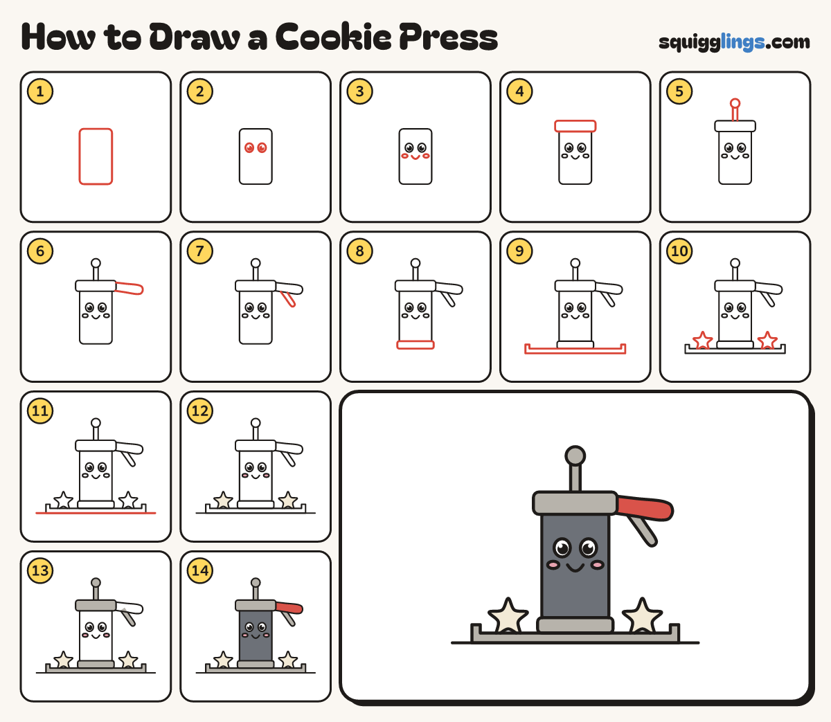 How to Draw a Cookie Press step by step: all 14 steps in one picture