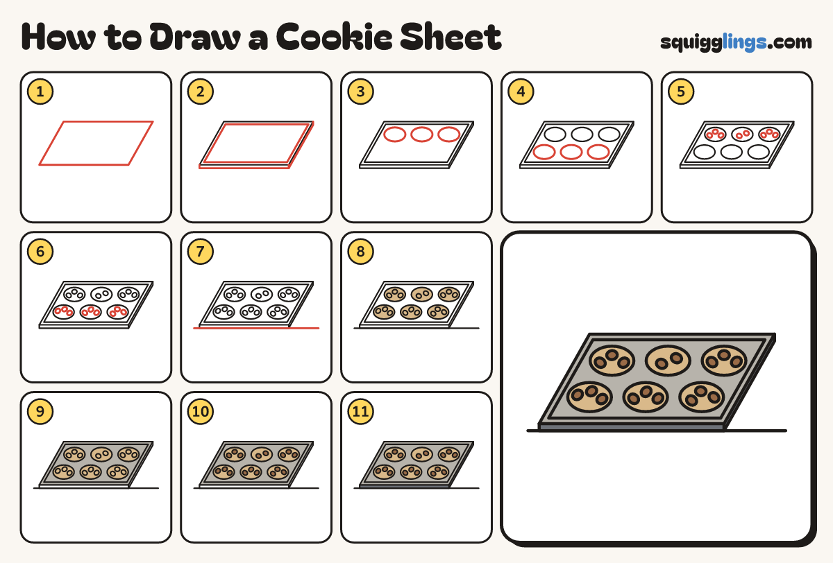 How to Draw a Cookie Sheet step by step: all 11 steps in one picture