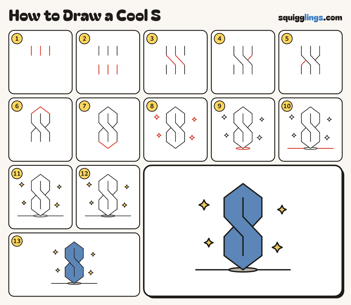 How to Draw a Cool S step by step: all 13 steps in one picture