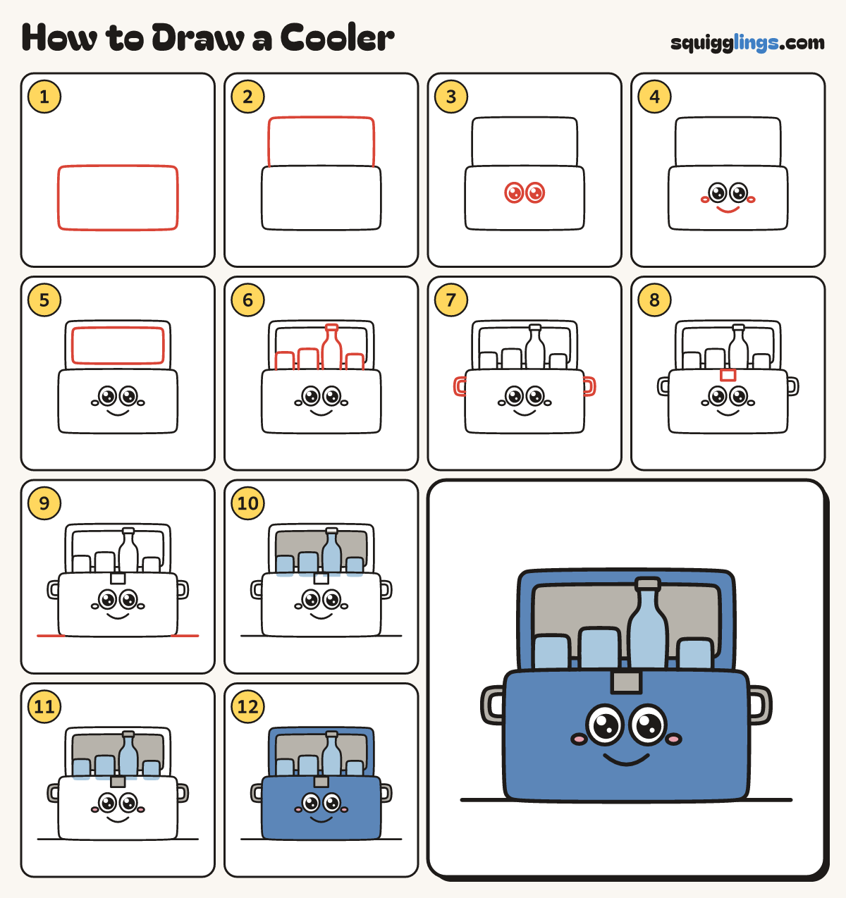 How to Draw a Cooler step by step: all 12 steps in one picture