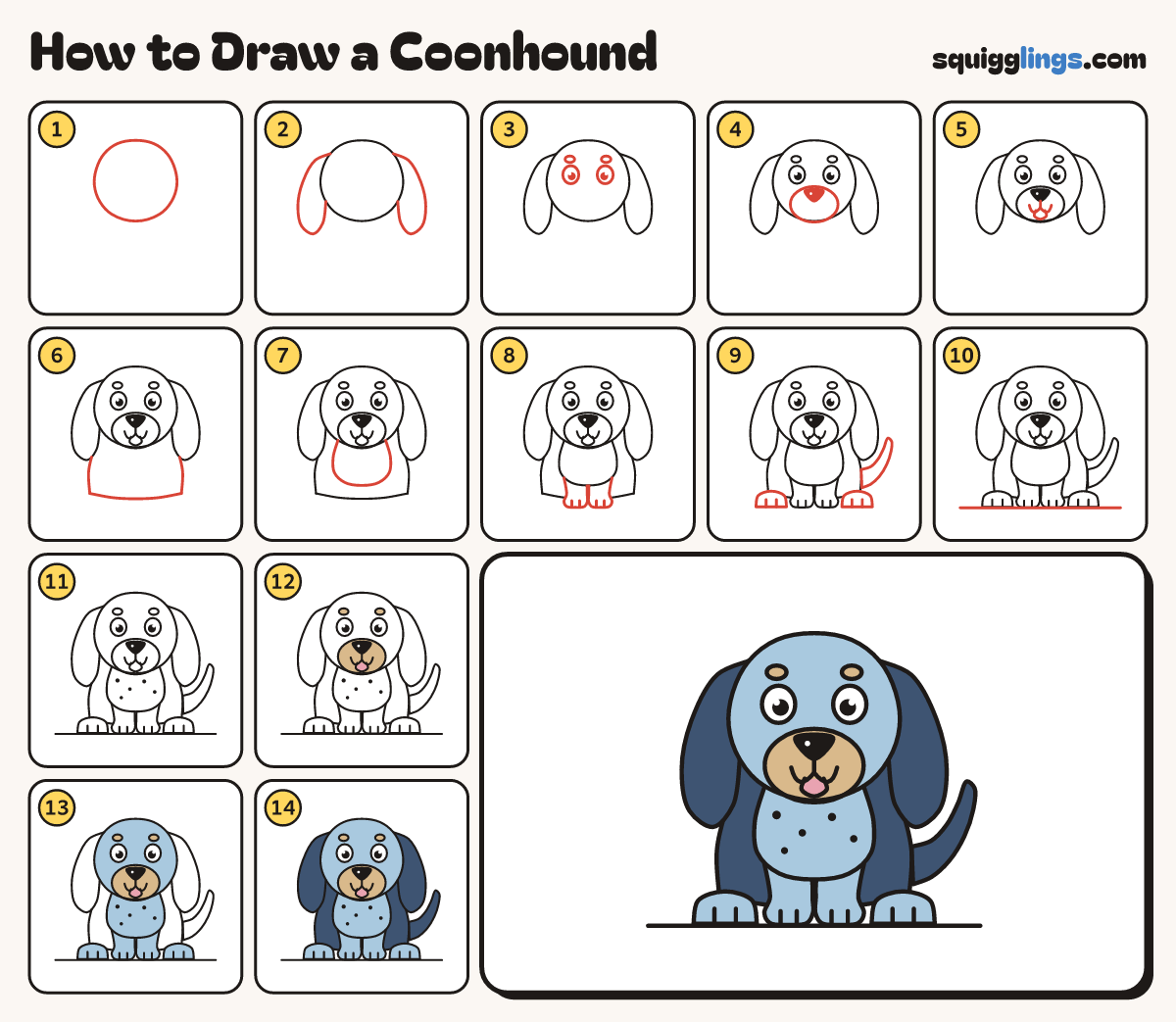 How to Draw a Coonhound step by step: all 14 steps in one picture