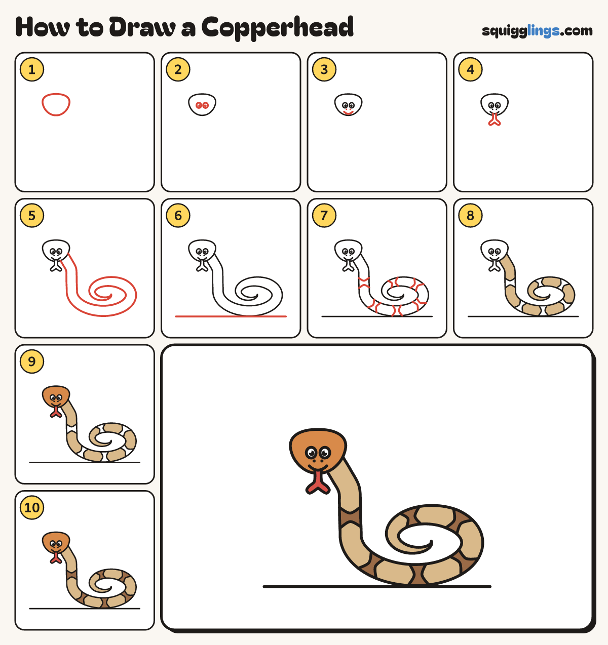 How to Draw a Copperhead step by step: all 10 steps in one picture