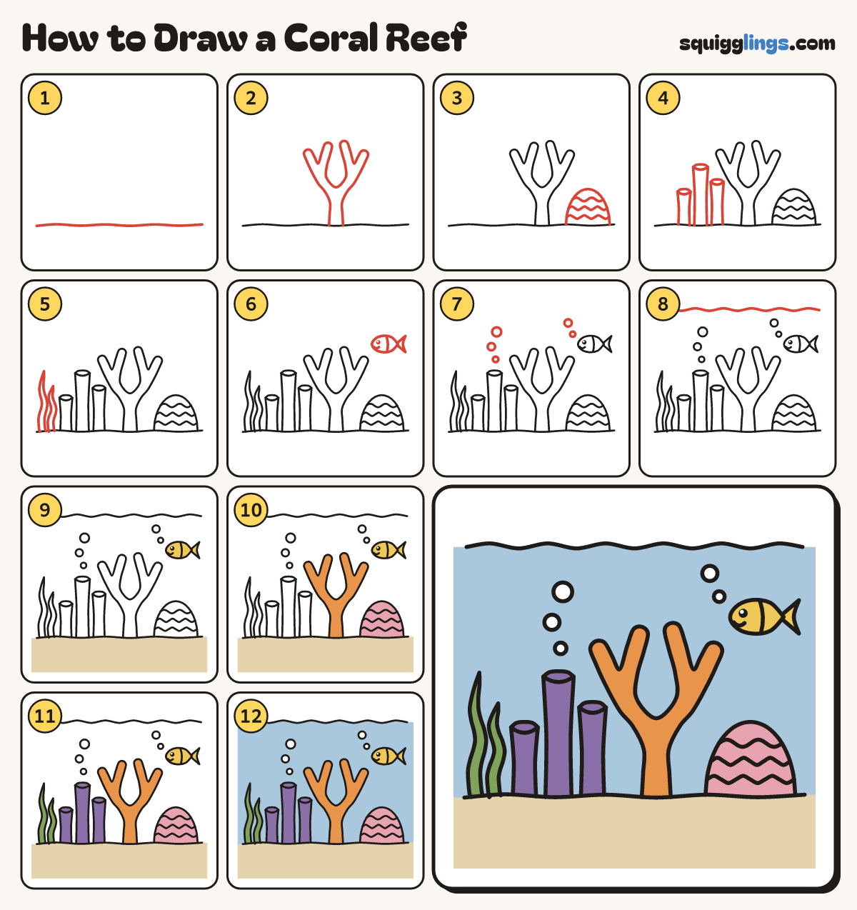 How to Draw a Coral Reef step by step: all 12 steps in one picture