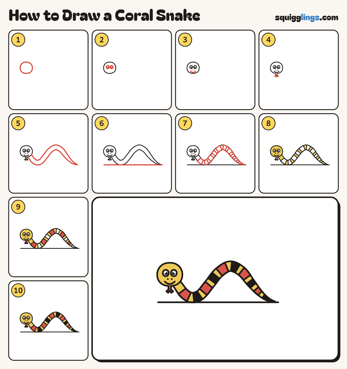 How to Draw a Coral Snake step by step: all 10 steps in one picture