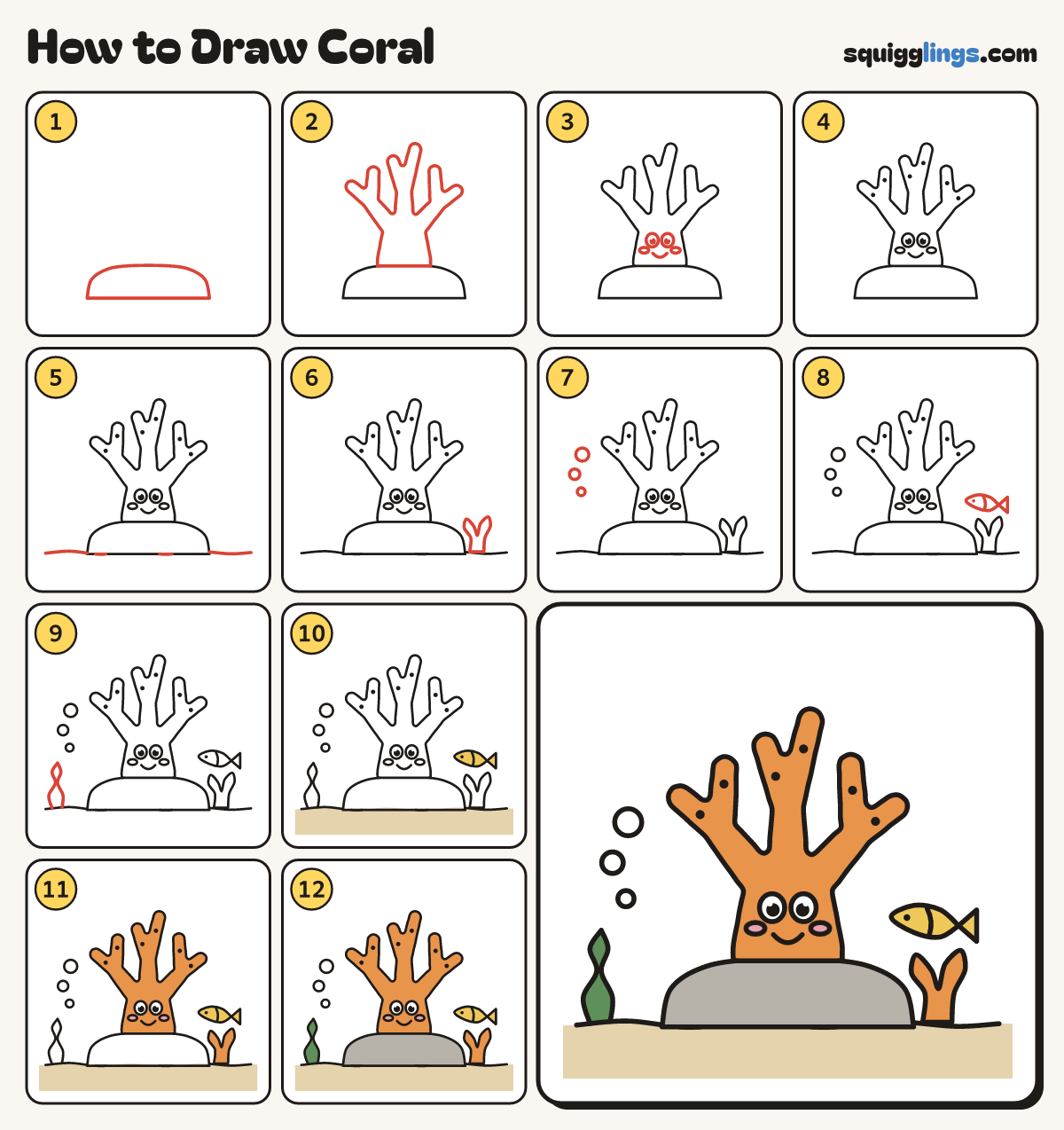 How to Draw Coral step by step: all 12 steps in one picture