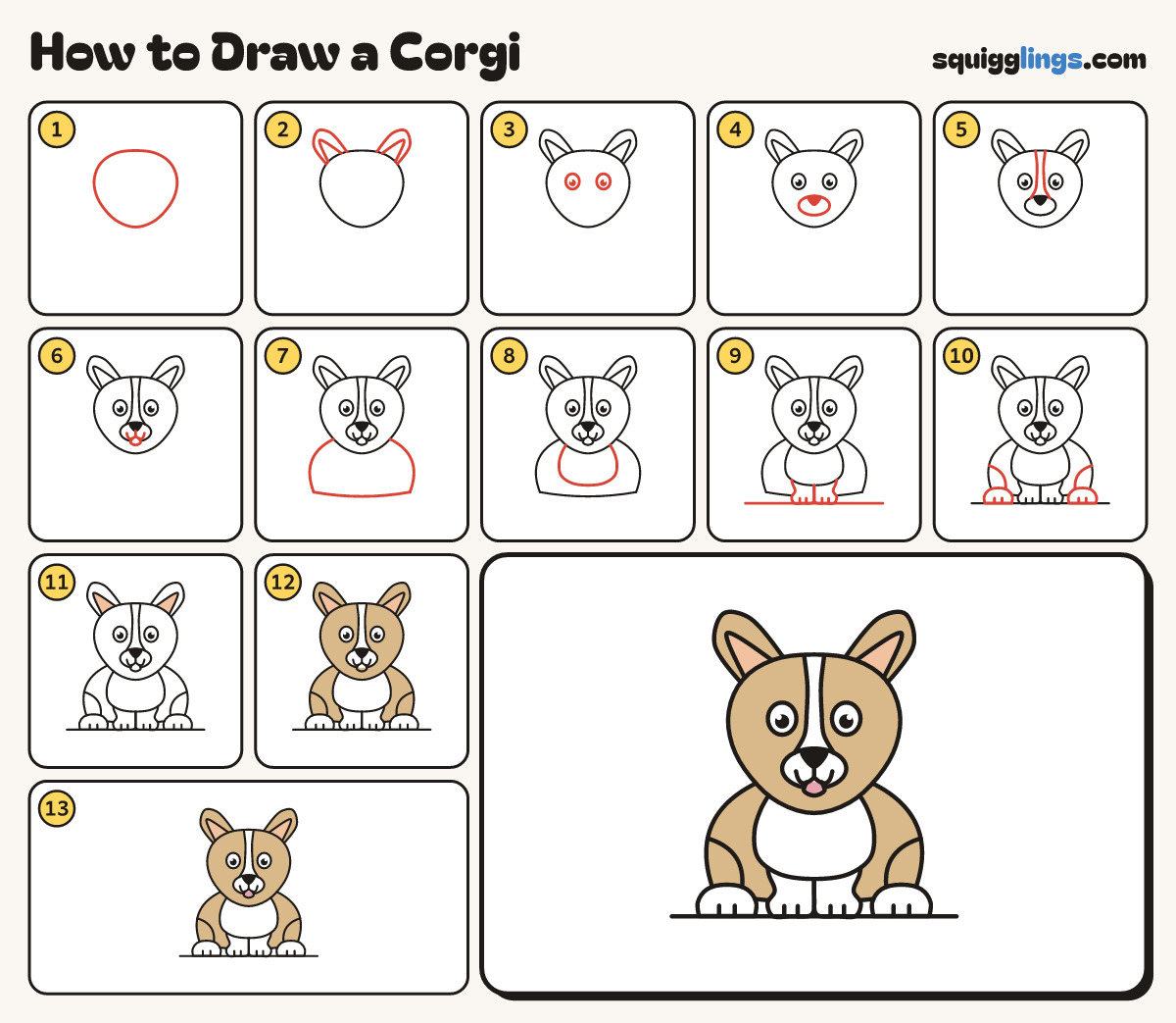 How to Draw a Corgi step by step: all 13 steps in one picture