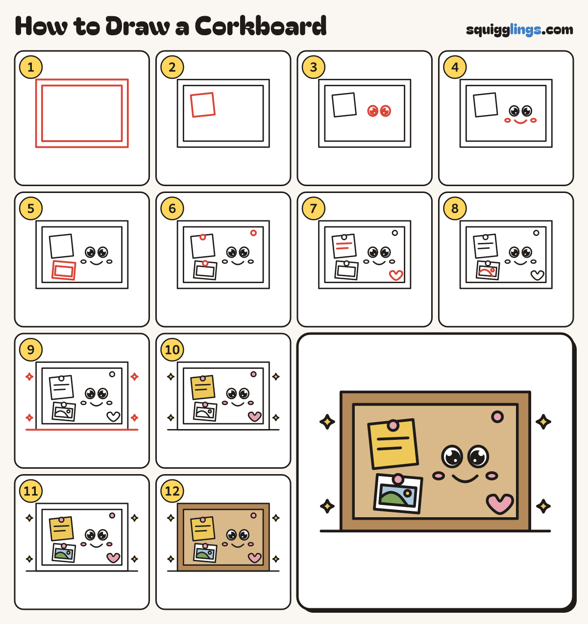 How to Draw a Corkboard step by step: all 12 steps in one picture